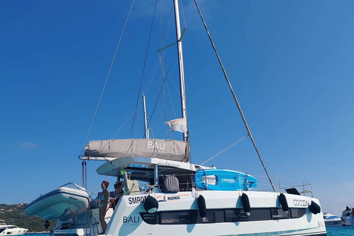 Exterior view of Cocoon, a Bali Catsmart catamaran at Figari/Golfo Aranci, Italy