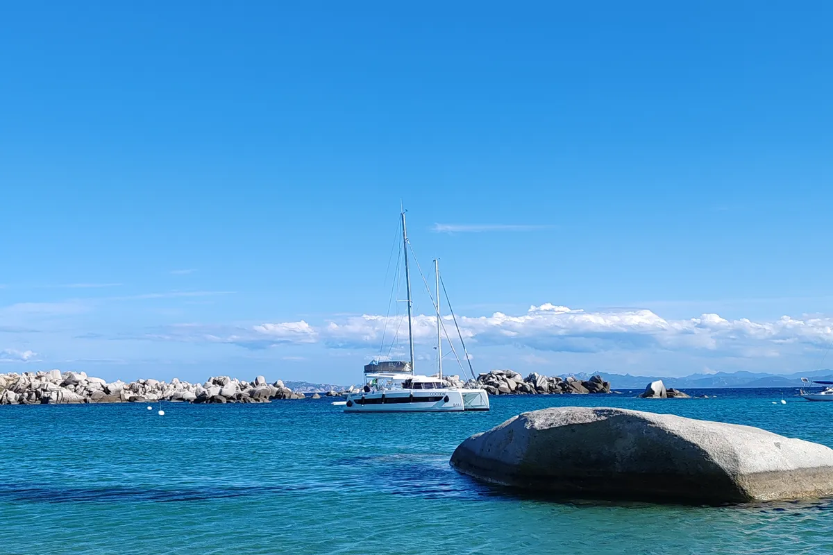 Exterior view of Cocoon, a Bali Catsmart catamaran at Figari/Golfo Aranci, Italy