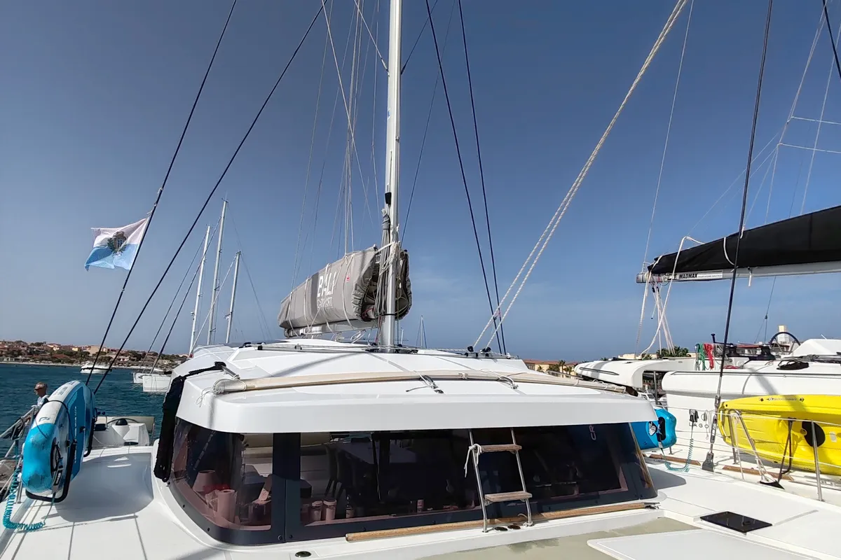 Deck of Cocoon, a Bali Catsmart catamaran at Figari/Golfo Aranci, Italy