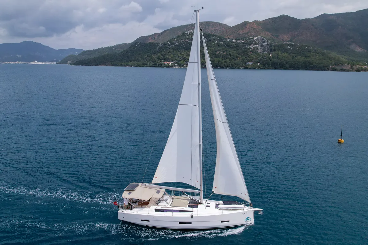 Exterior view of Ida 1, a Dufour 430 sailboat at Marmaris, Turkey