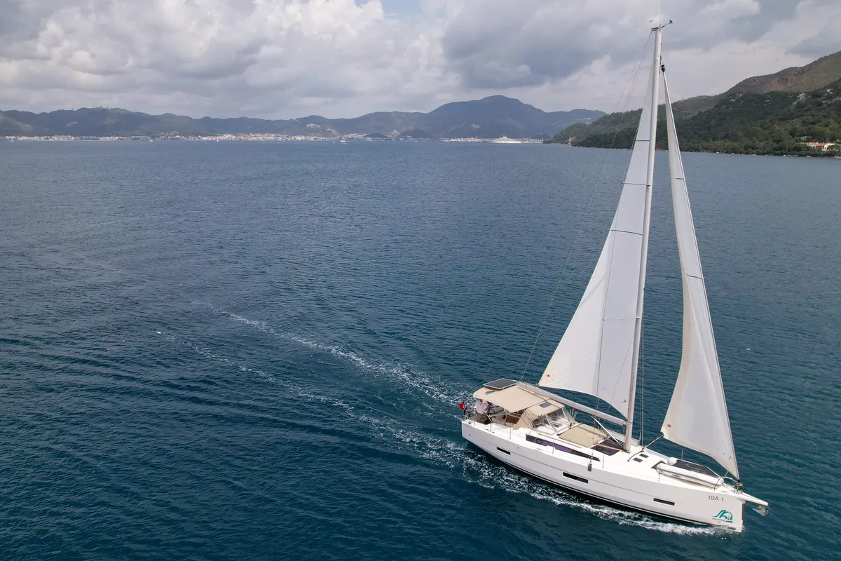 Exterior view of Ida 1, a Dufour 430 sailboat at Marmaris, Turkey
