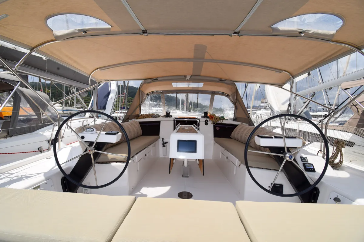 Cockpit of Ida 1, a Dufour 430 sailboat at Marmaris, Turkey