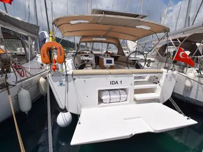 Deck of Ida 1, a Dufour 430 sailboat at Marmaris, Turkey