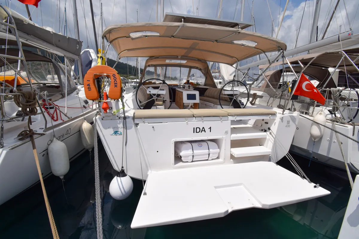 Deck of Ida 1, a Dufour 430 sailboat at Marmaris, Turkey