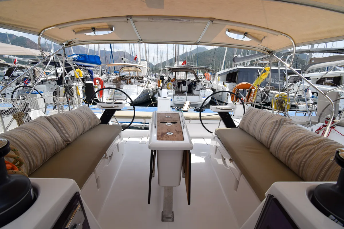 Cockpit of Ida 1, a Dufour 430 sailboat at Marmaris, Turkey