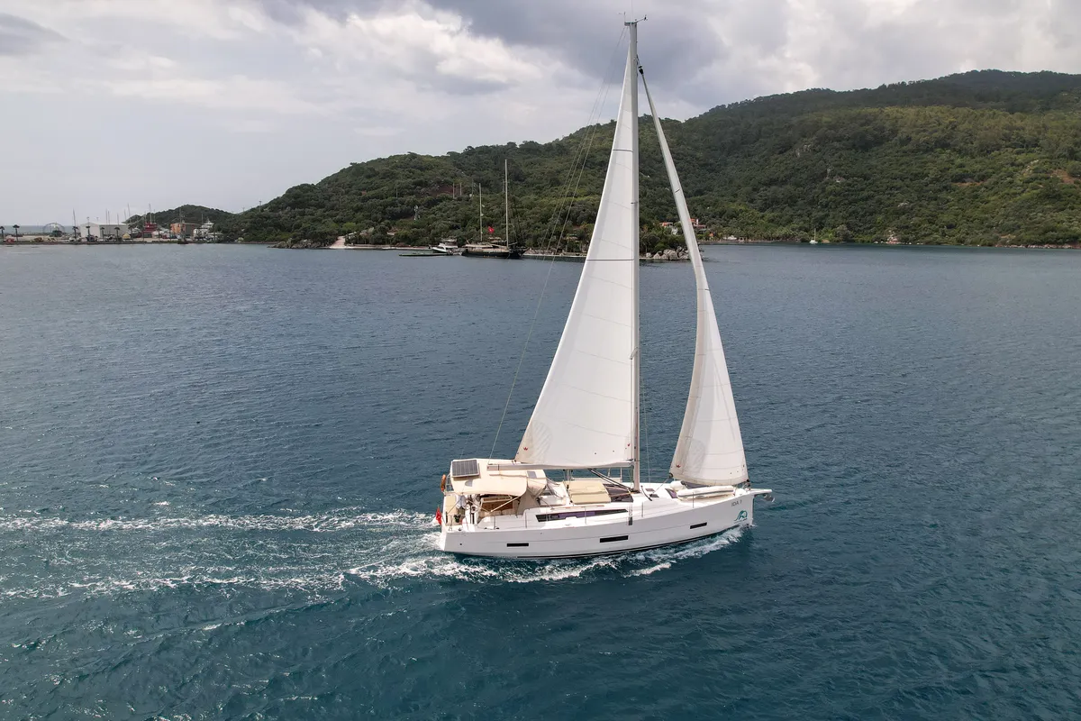 Exterior view of Ida 1, a Dufour 430 sailboat at Marmaris, Turkey