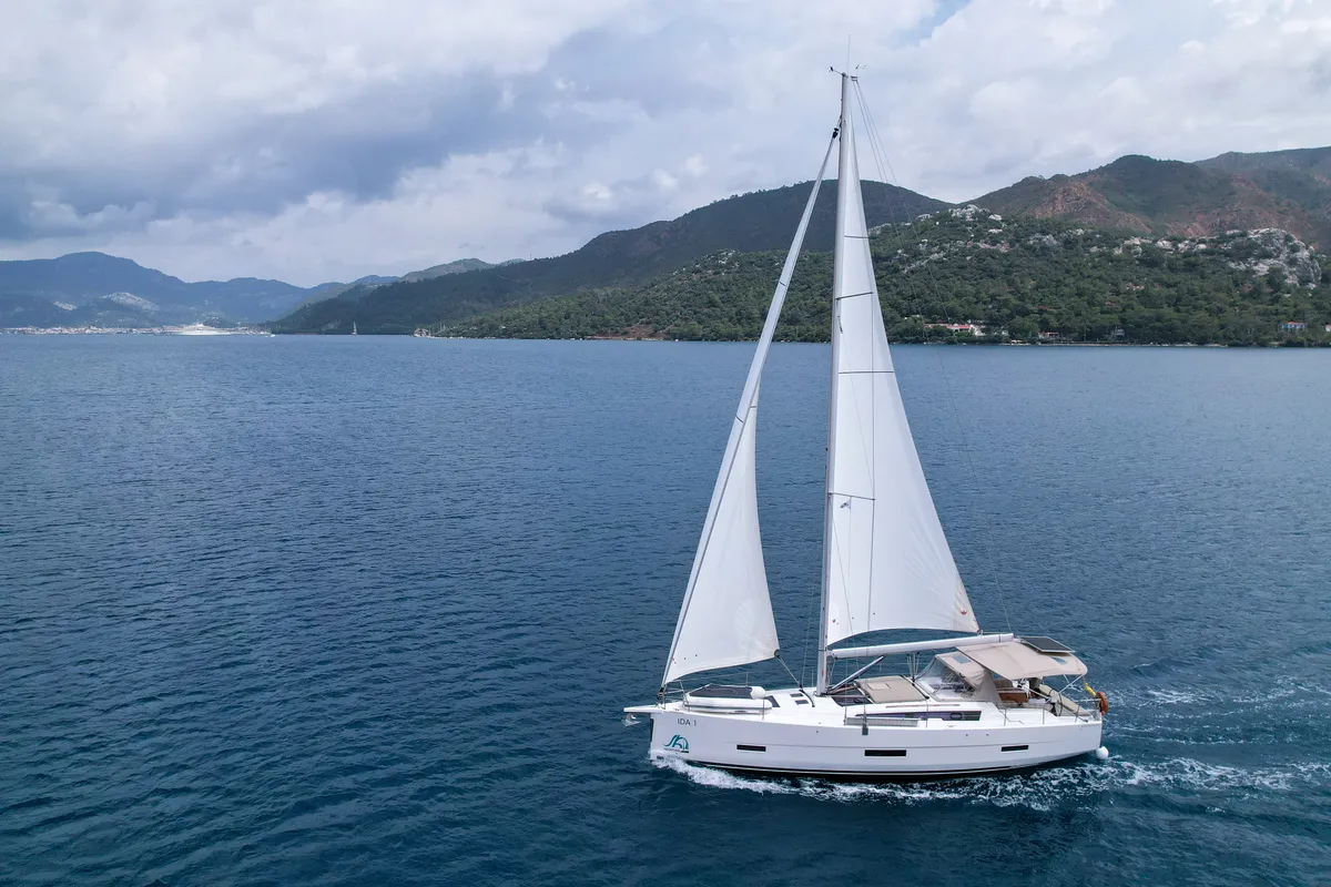 Exterior view of Ida 1, a Dufour 430 sailboat at Marmaris, Turkey