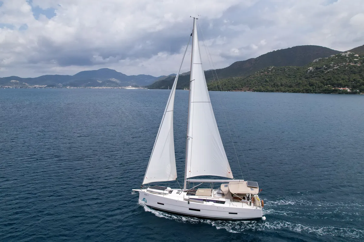 Exterior view of Ida 1, a Dufour 430 sailboat at Marmaris, Turkey