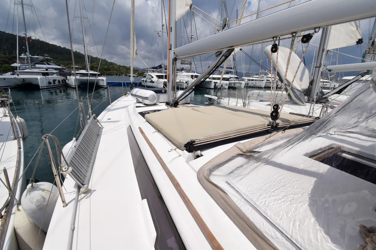 Deck of Ida 1, a Dufour 430 sailboat at Marmaris, Turkey