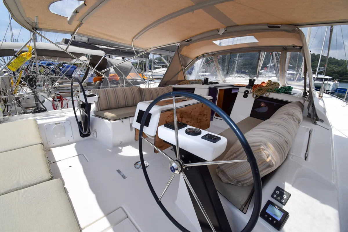 Cockpit of Ida 1, a Dufour 430 sailboat at Marmaris, Turkey