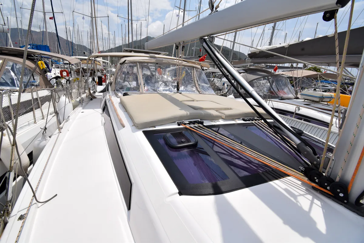 Deck of Ida 1, a Dufour 430 sailboat at Marmaris, Turkey