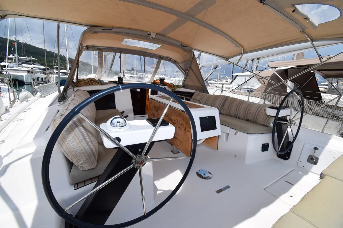 Cockpit of Ida 1, a Dufour 430 sailboat at Marmaris, Turkey