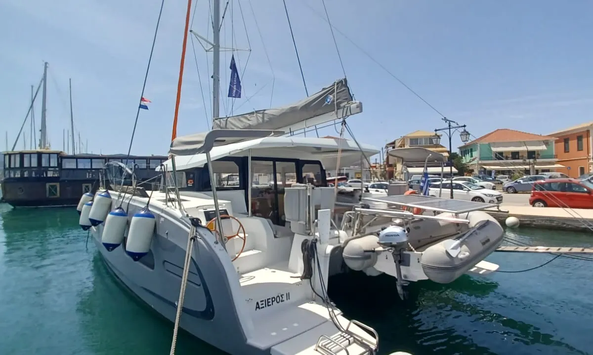 Exterior view of Axieros II, a Excess 11 catamaran at Municipal Unit of Lefkada, Greece
