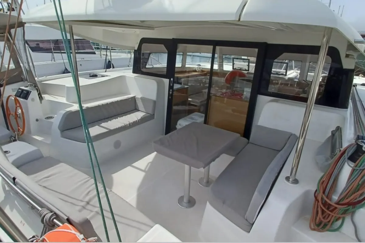 Deck of Axieros II, a Excess 11 catamaran at Municipal Unit of Lefkada, Greece