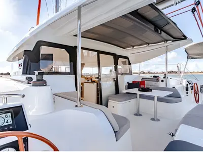 Deck of Axieros II, a Excess 11 catamaran at Municipal Unit of Lefkada, Greece