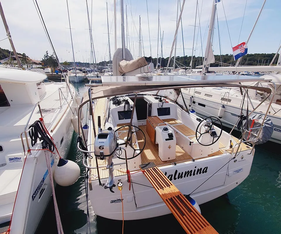 Cockpit of Kalumina, a Jeanneau Sun Odyssey 410 sailboat at Murter, Croatia
