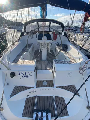 Cockpit of Jalù, a Jeanneau Sun Odyssey 42.2 sailboat at Punta Ala, Italy
