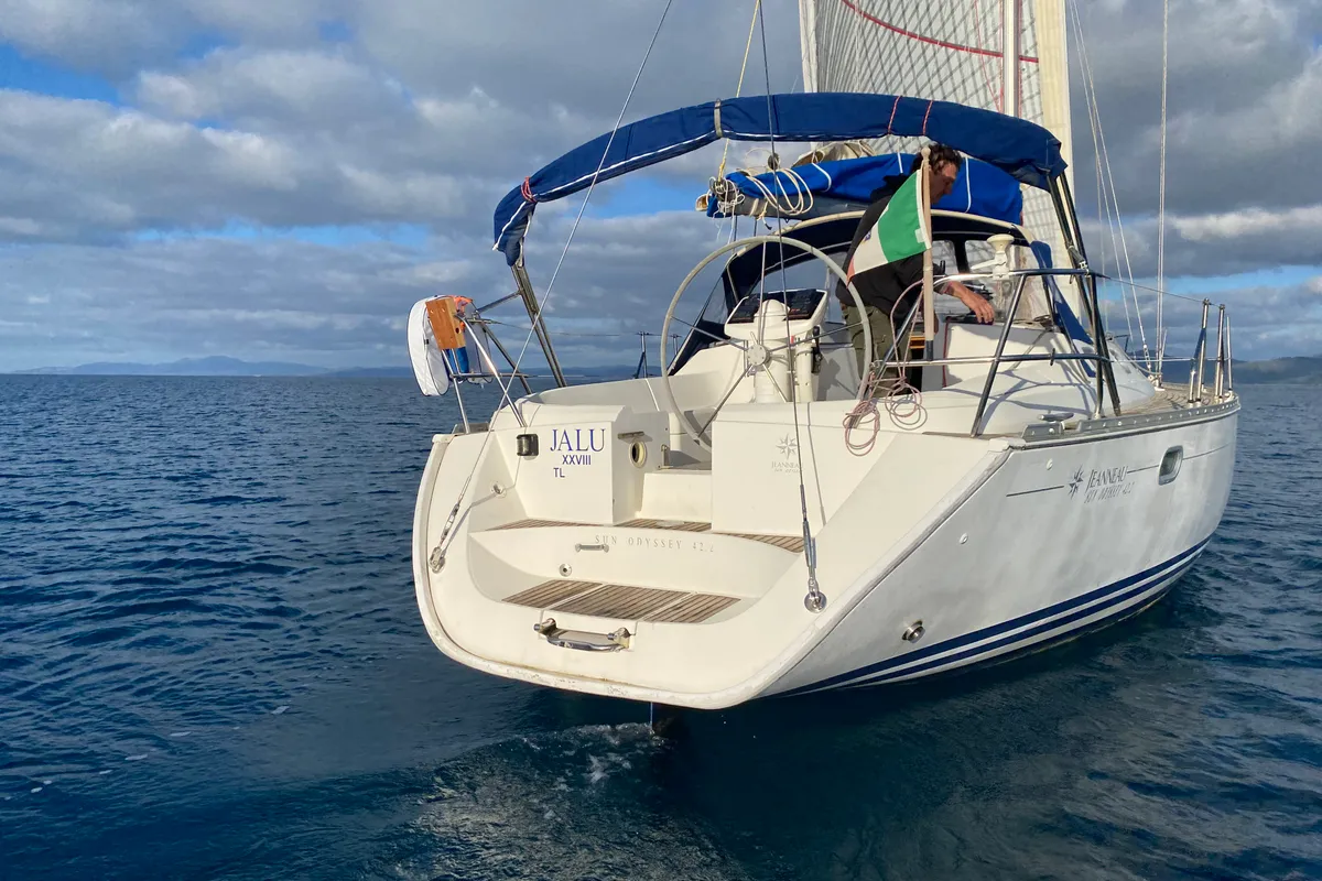 Exterior view of Jalù, a Jeanneau Sun Odyssey 42.2 sailboat at Punta Ala, Italy