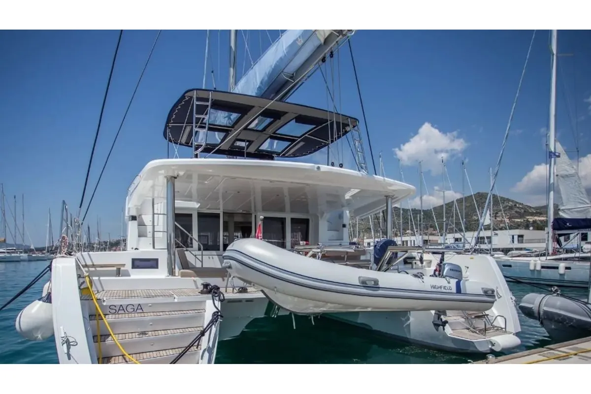 Exterior view of Saga, a Lagoon 52F catamaran at Municipal Unit of Lefkada, Greece