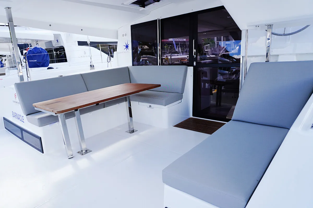 Barnacle, a Fountaine Pajot Isla 40 catamaran at Roche Caiman, Seychelles