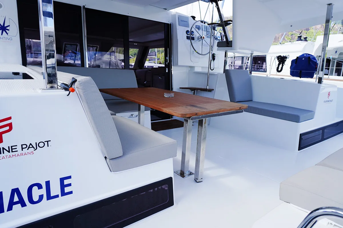 Barnacle, a Fountaine Pajot Isla 40 catamaran at Roche Caiman, Seychelles