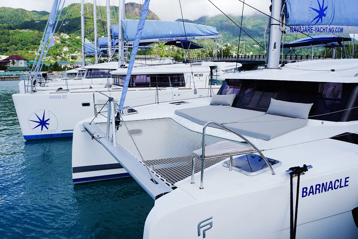 Barnacle, a Fountaine Pajot Isla 40 catamaran at Roche Caiman, Seychelles