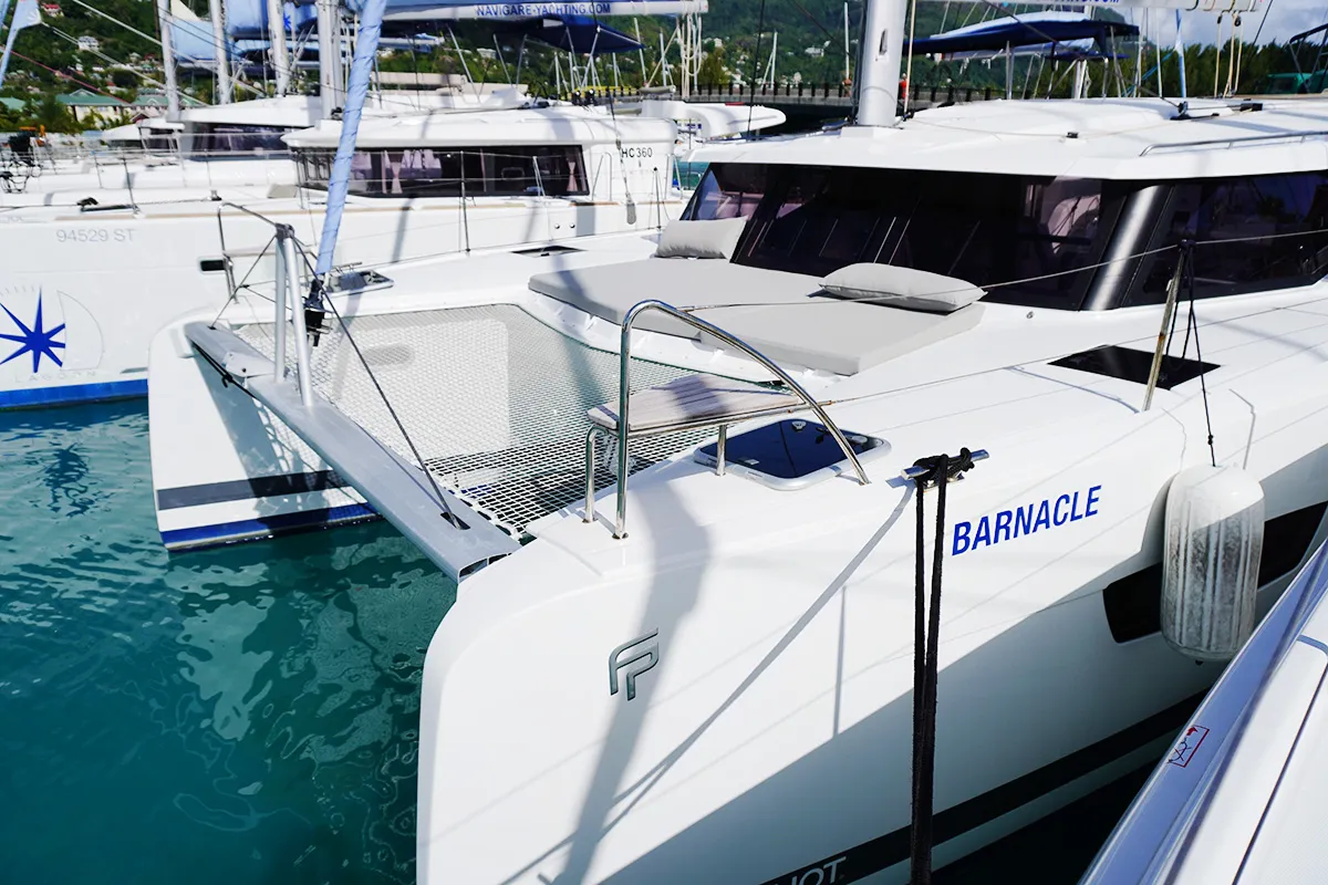 Barnacle, a Fountaine Pajot Isla 40 catamaran at Roche Caiman, Seychelles