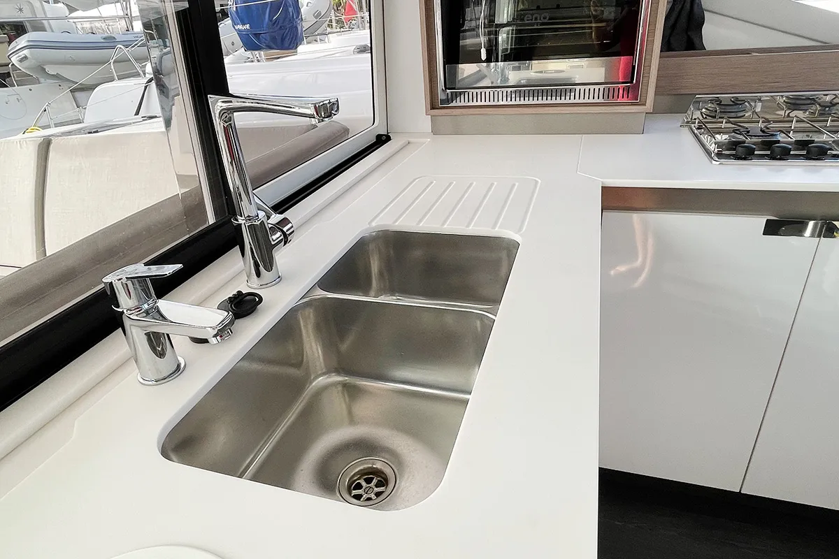 Barnacle, a Fountaine Pajot Isla 40 catamaran at Roche Caiman, Seychelles
