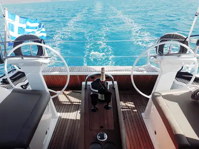 Cockpit of no name, a Bavaria 46 sailboat at Municipal Unit of Lefkada, Greece