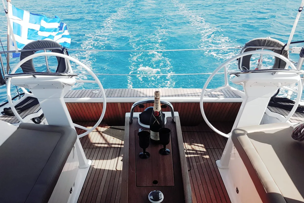 Cockpit of no name, a Bavaria 46 sailboat at Municipal Unit of Lefkada, Greece