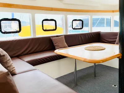 Salon of Iris, a Catlante 600 catamaran at Roche Caiman, Seychelles