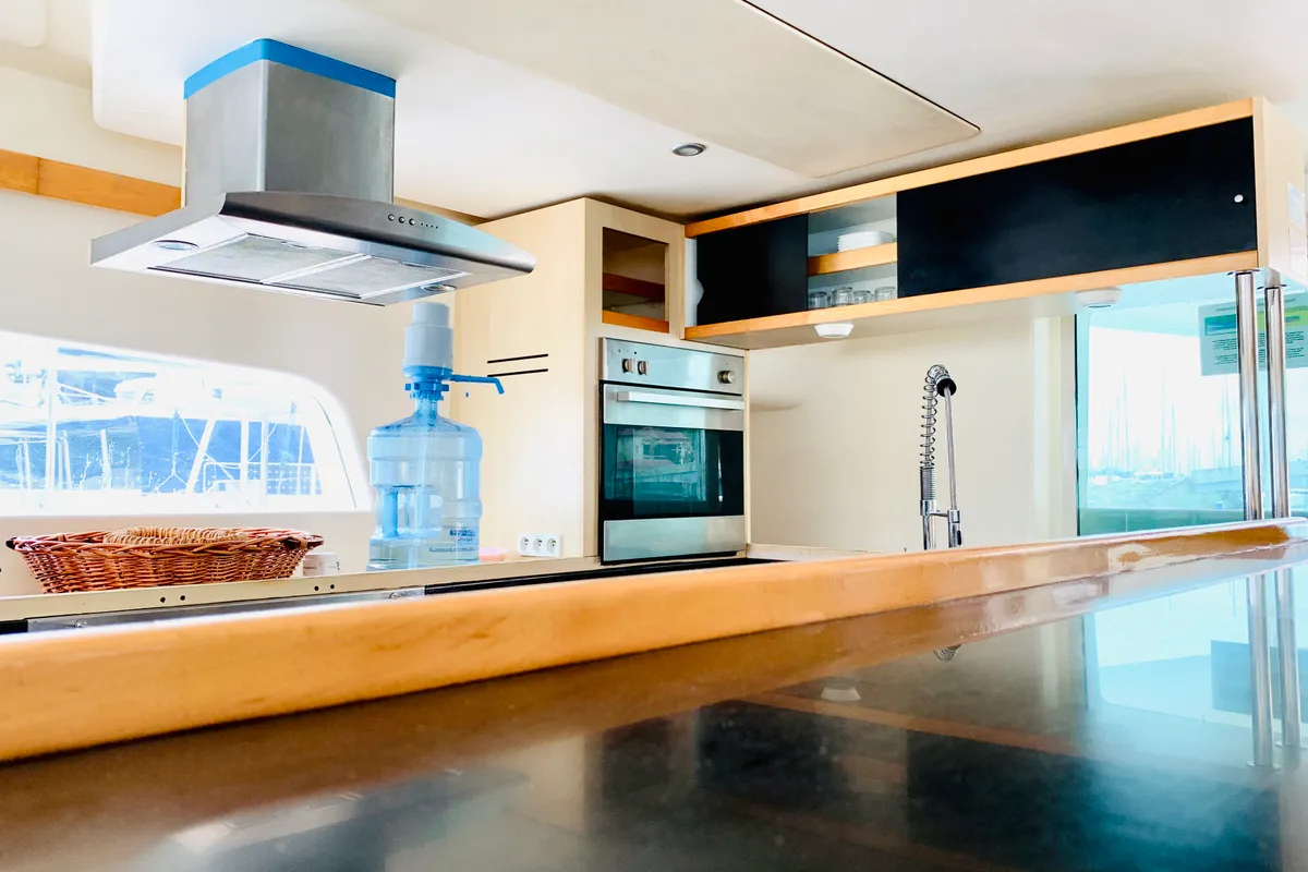 Galley of Iris, a Catlante 600 catamaran at Roche Caiman, Seychelles