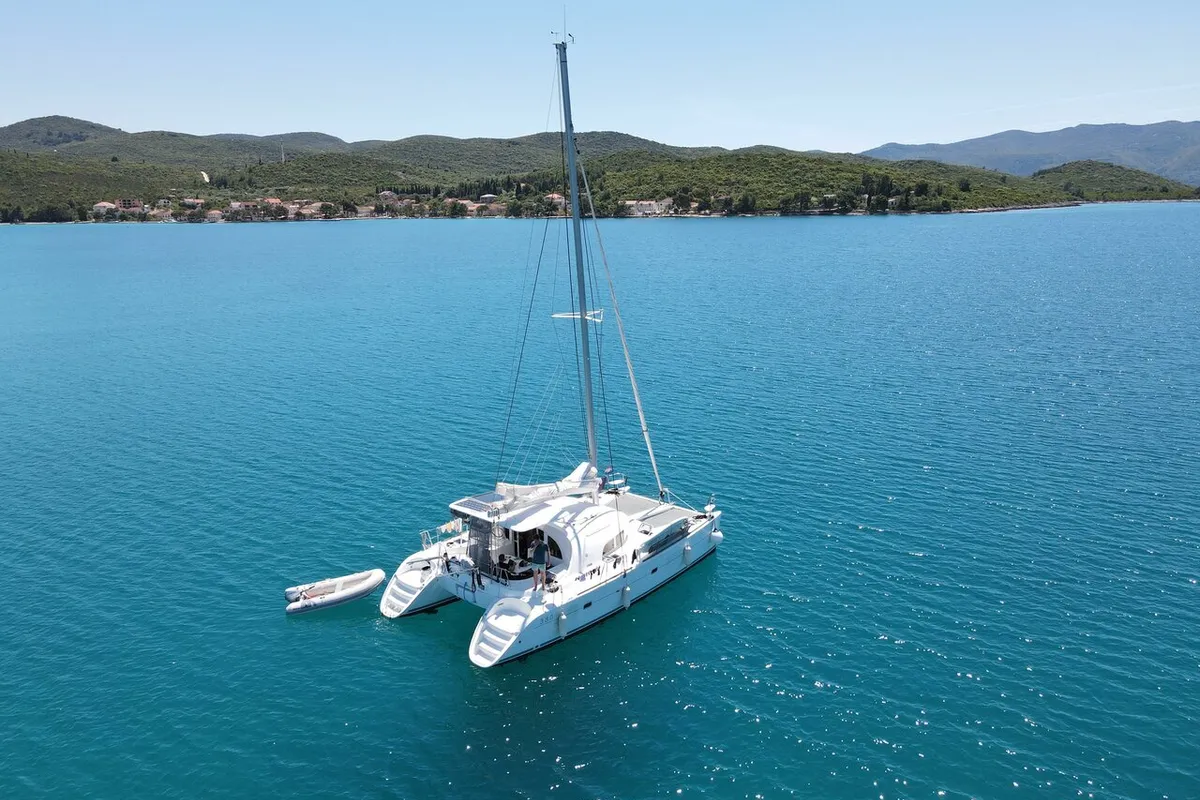 Exterior view of Atenea, a Lagoon 380 S2 catamaran at Punat, Croatia