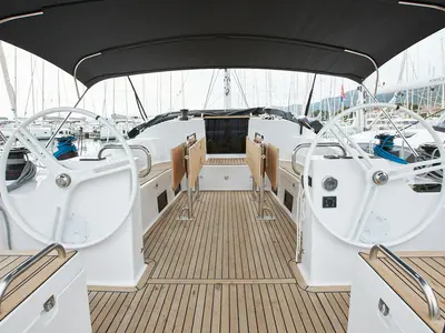 Cockpit of Lija, a Elan Impression 50.1 sailboat at Grad Kaštela, Croatia