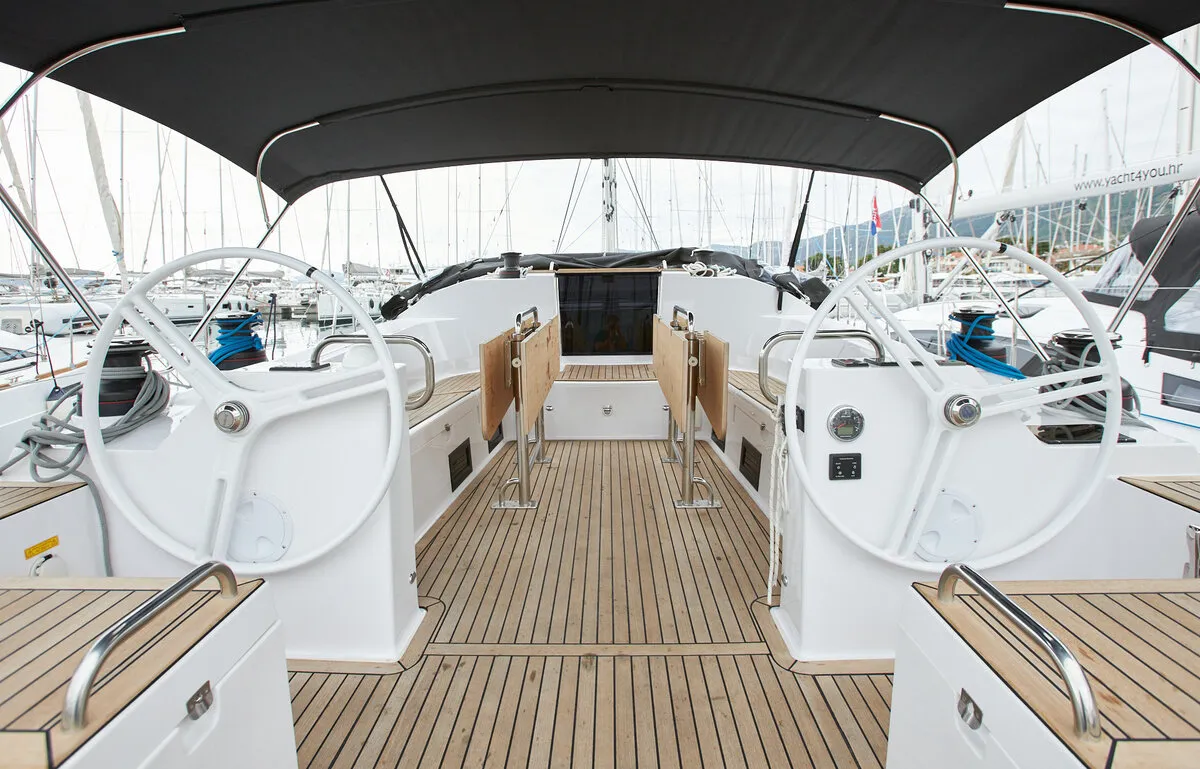 Cockpit of Lija, a Elan Impression 50.1 sailboat at Grad Kaštela, Croatia
