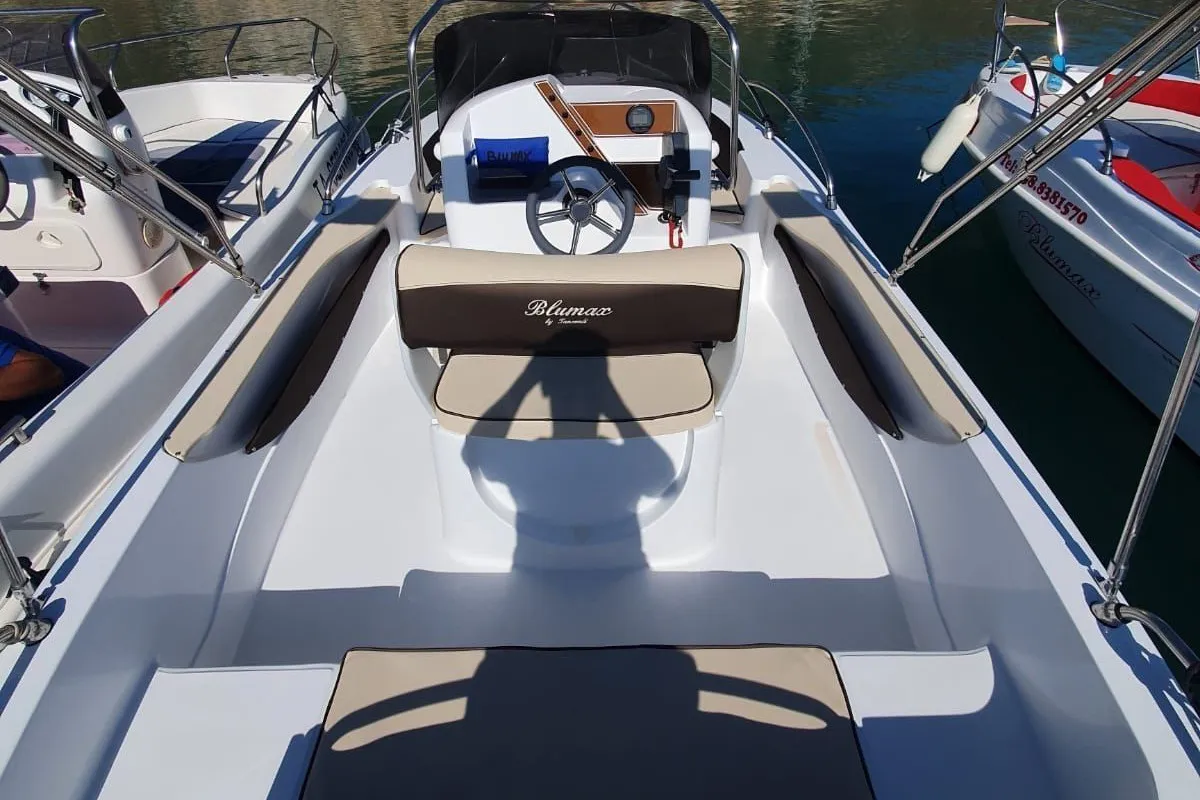 Deck of Beaje, a Gulet Blumax 19 Pro motorboat at Livorno, Italy