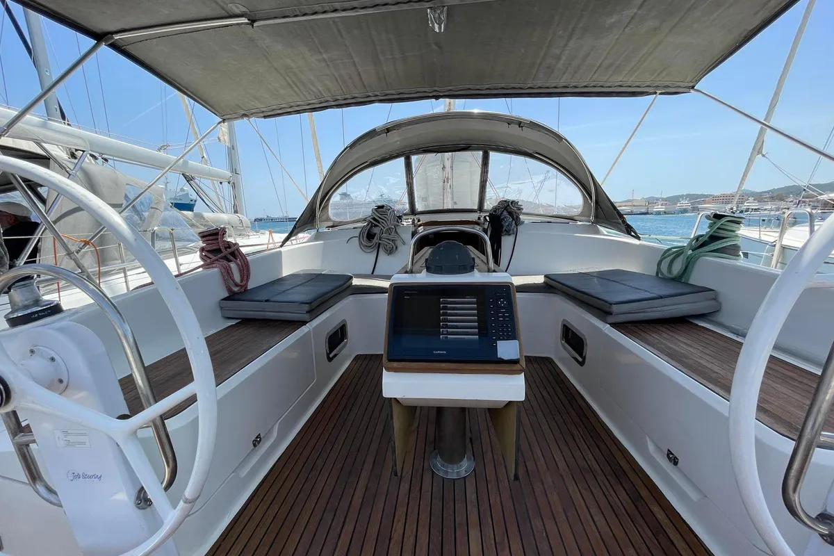 Cockpit of Anemone, a Bavaria Cruiser 51 sailboat at Lavreotiki Municipal Unit, Greece