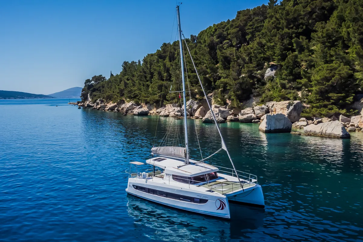Exterior view of Enfant Terrible, a Bali Catsmart catamaran at Dubrovnik, Croatia