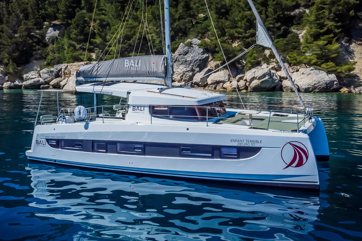 Exterior view of Enfant Terrible, a Bali Catsmart catamaran at Dubrovnik, Croatia