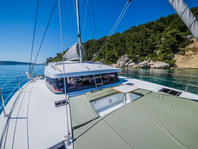 Deck of Enfant Terrible, a Bali Catsmart catamaran at Dubrovnik, Croatia