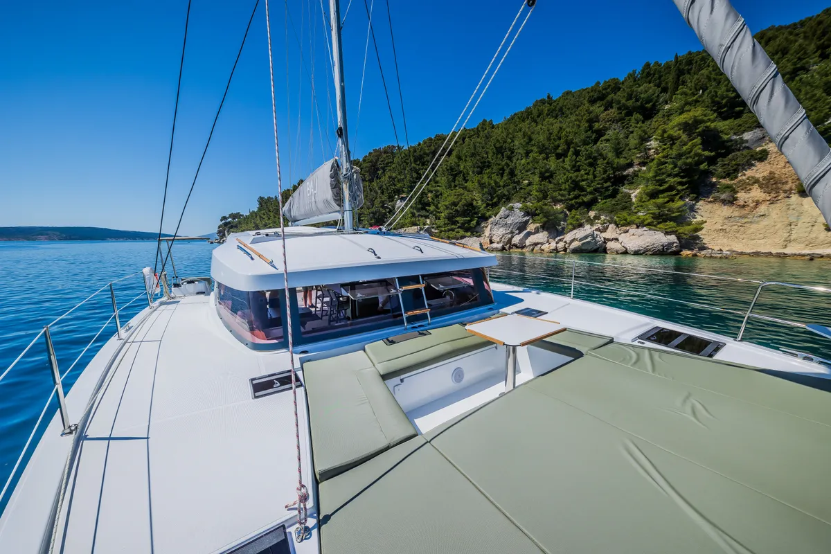 Deck of Enfant Terrible, a Bali Catsmart catamaran at Dubrovnik, Croatia