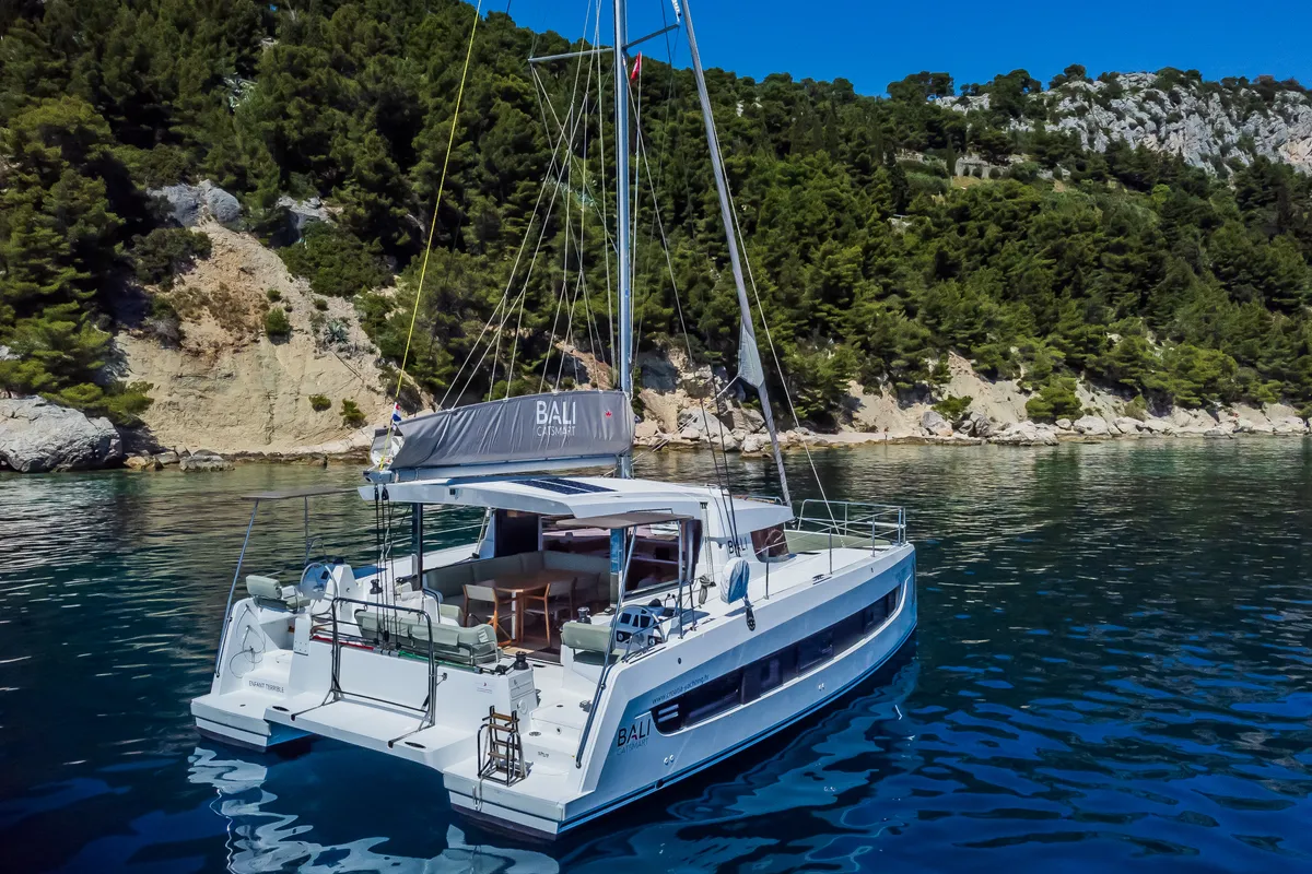 Exterior view of Enfant Terrible, a Bali Catsmart catamaran at Dubrovnik, Croatia