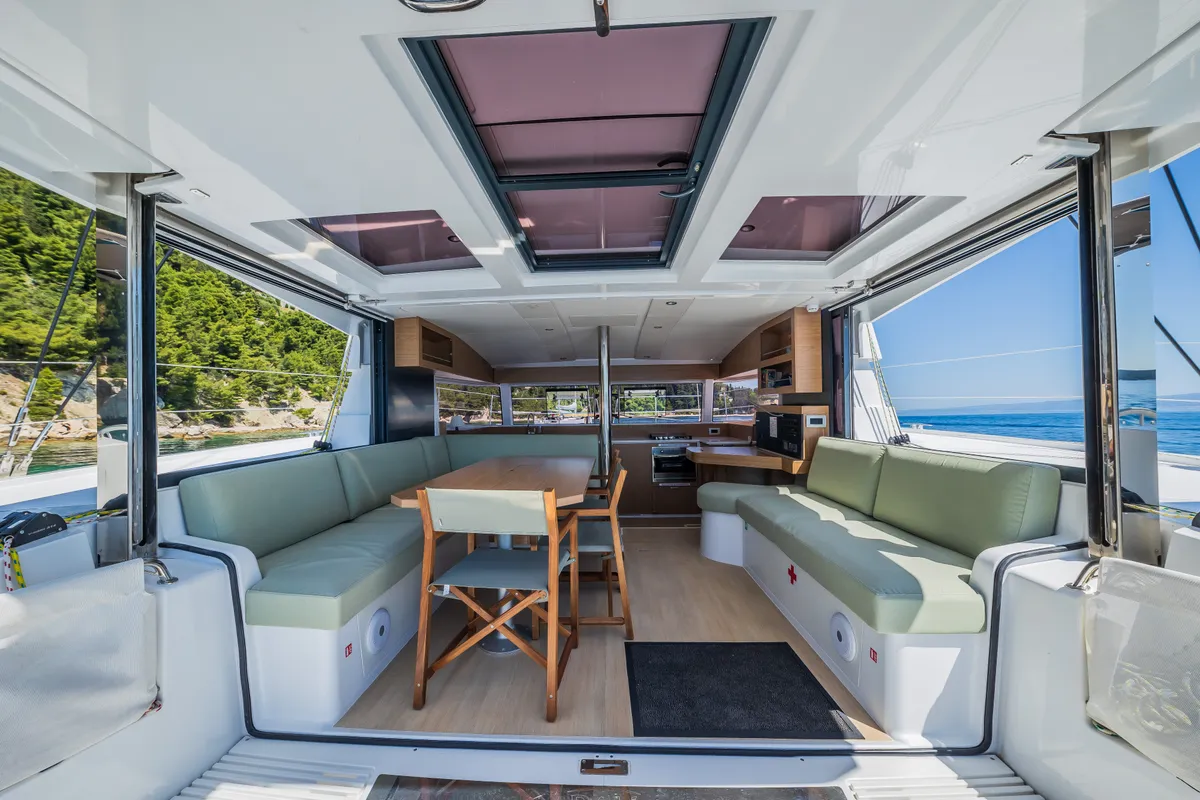 Salon of Enfant Terrible, a Bali Catsmart catamaran at Dubrovnik, Croatia