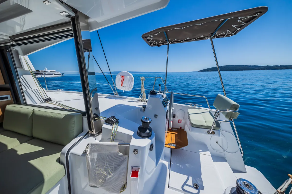 Cockpit of Enfant Terrible, a Bali Catsmart catamaran at Dubrovnik, Croatia