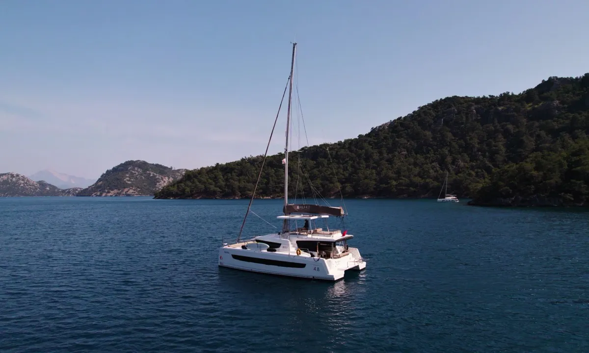 Exterior view of Pagora, a Bali 4.8 catamaran at Fethiye, Turkey