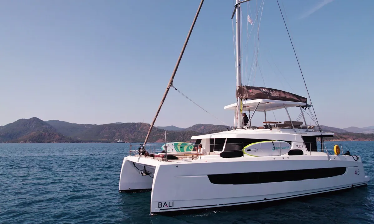 Exterior view of Pagora, a Bali 4.8 catamaran at Fethiye, Turkey