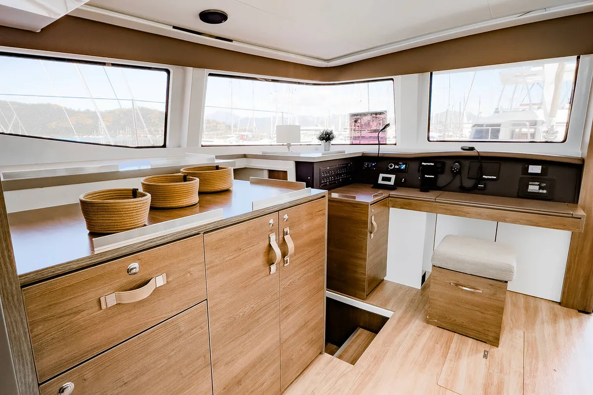 Cockpit of Pagora, a Bali 4.8 catamaran at Fethiye, Turkey