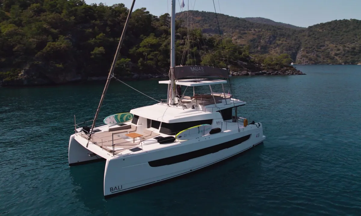 Exterior view of Pagora, a Bali 4.8 catamaran at Fethiye, Turkey