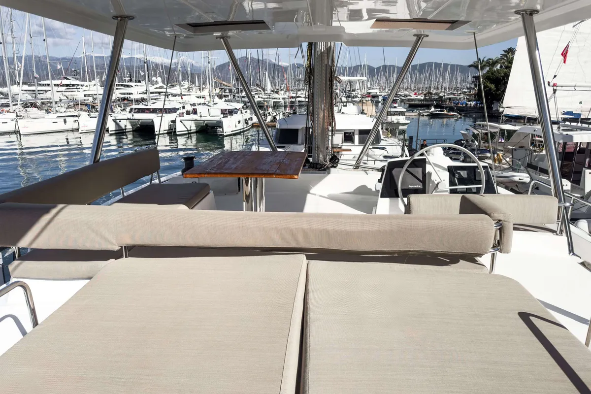 Deck of Pagora, a Bali 4.8 catamaran at Fethiye, Turkey