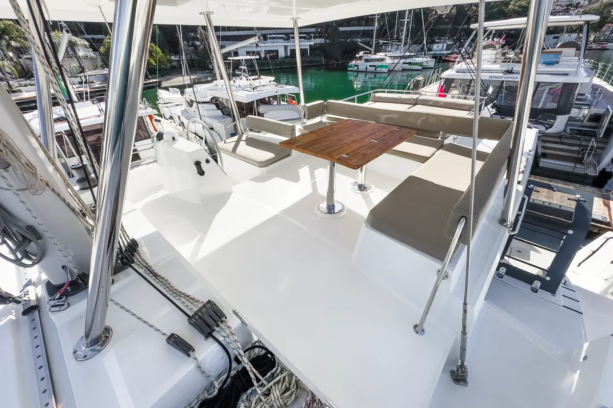 Deck of Pagora, a Bali 4.8 catamaran at Fethiye, Turkey